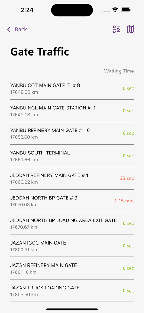 mySecurity SAO - A list of Aramco facility gates showing real-time waiting times and distances in the mySecurity SAO app interface.