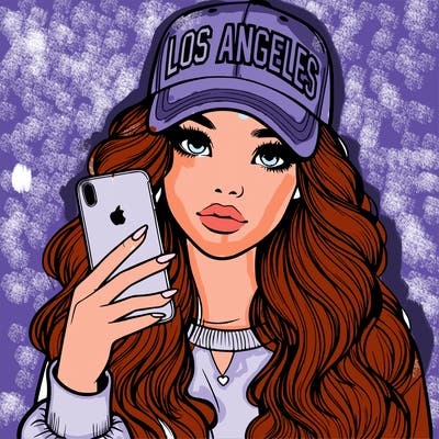 realistic beautiful girl wearing los ángeles cap holding an iphone