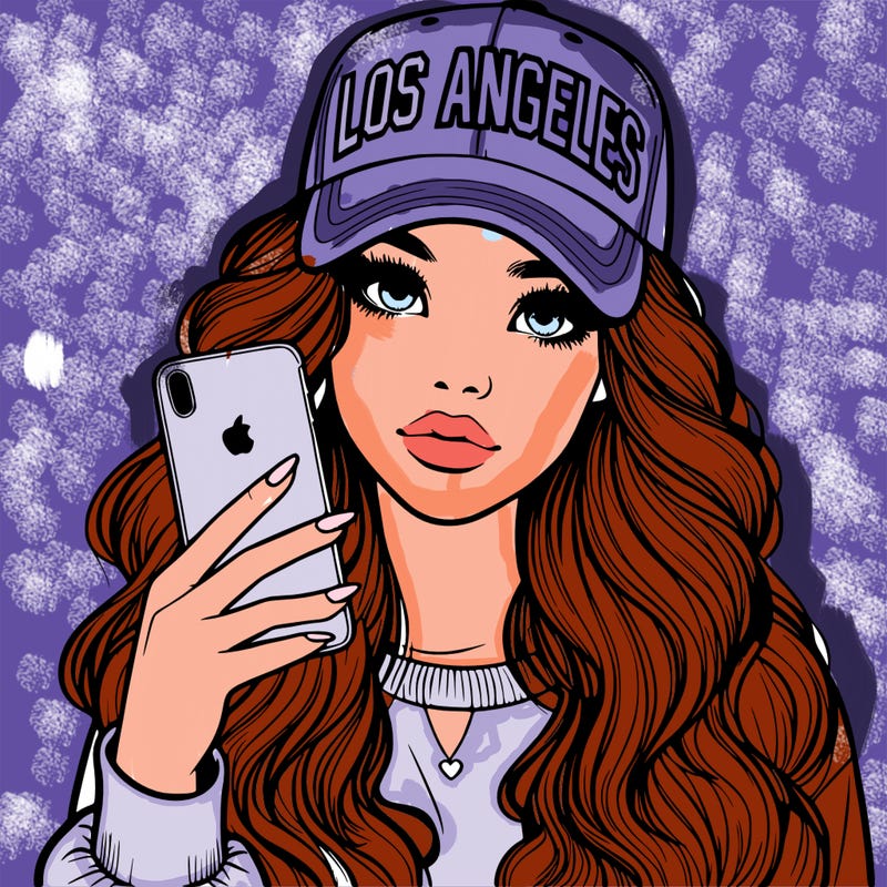 realistic beautiful girl wearing los ángeles cap holding an iphone
