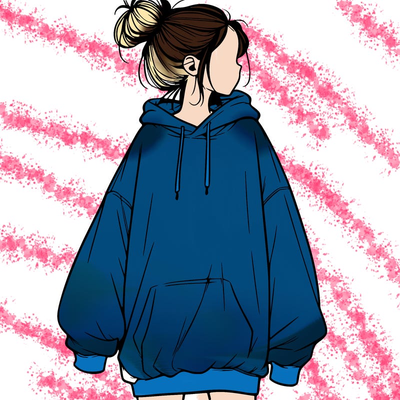 realistic girl with a oversized sweatshirt on and a bun