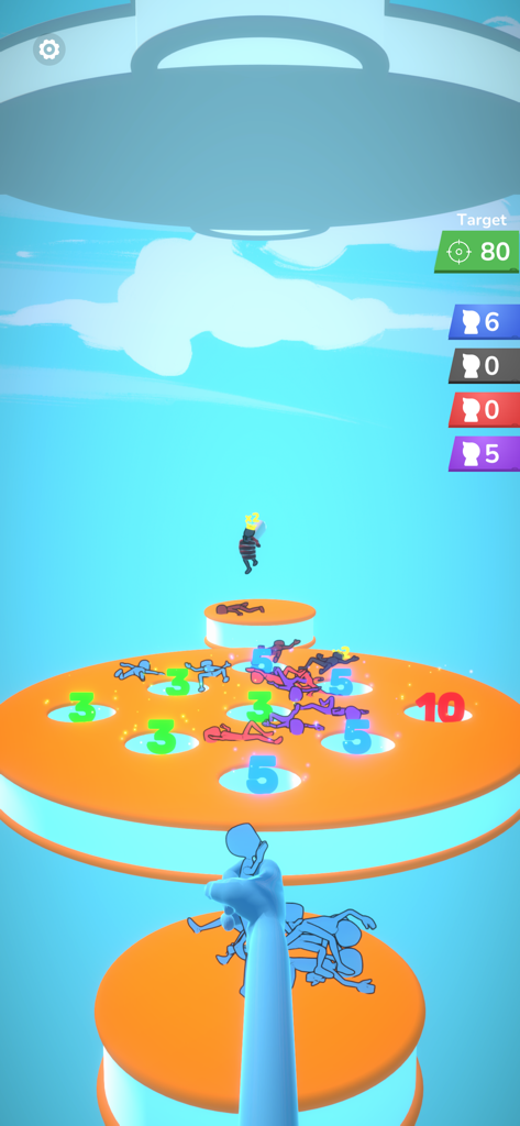 Grab and Throw - Gameplay of Grab and Throw showing a hand grabbing a blue stickman character to throw it into scoring holes on an orange platform.