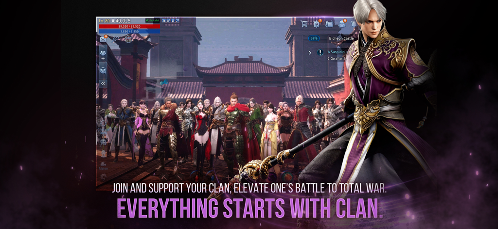 A group of MIR4 fantasy characters gathered for a clan war in front of an oriental castle.