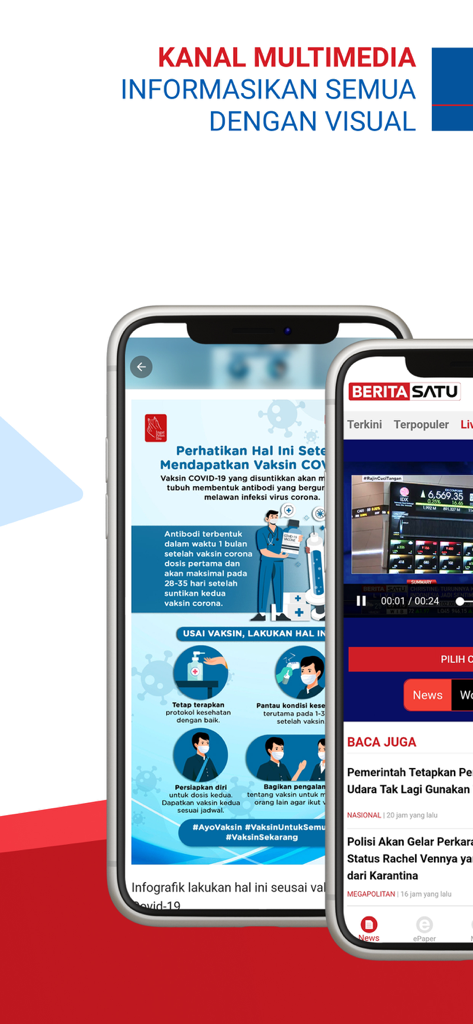 Interfaz de la aplicación BeritaSatu que muestra noticias multimedia con infografías y transmisión de video en vivo