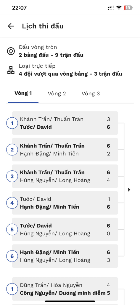 Sport Connect - Interface do aplicativo Sport Connect exibindo o cronograma e os resultados das partidas do torneio