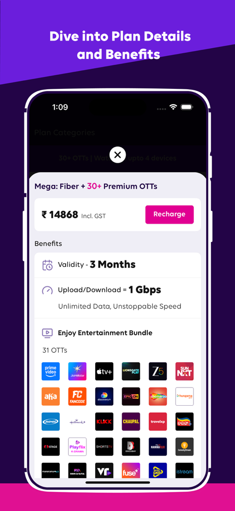 Screenshot of Tata Play Fiber app showing internet plan details with 1Gbps speed and OTT subscriptions