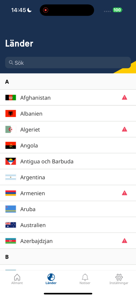 List of countries and travel safety warnings in the UD Resklar app