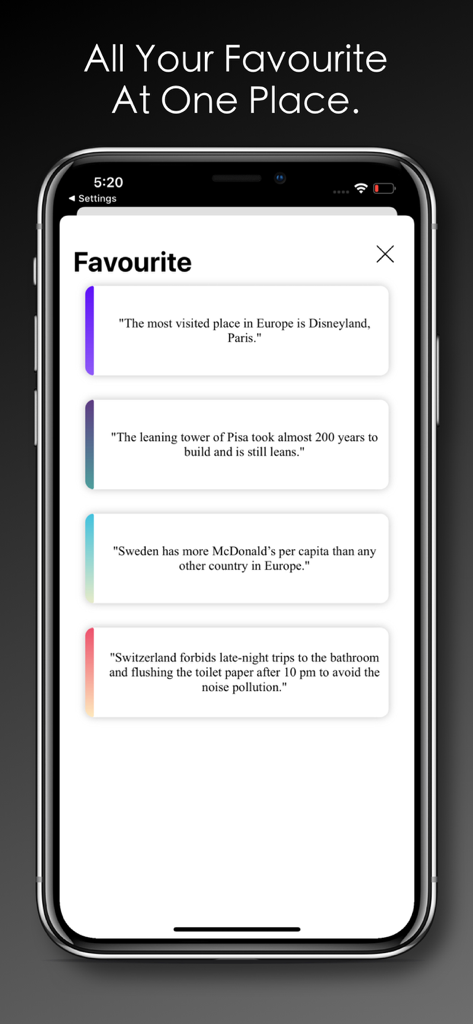 Uma lista de fatos de curiosidade interessantes salvos na seção de favoritos do aplicativo Daily Random Facts