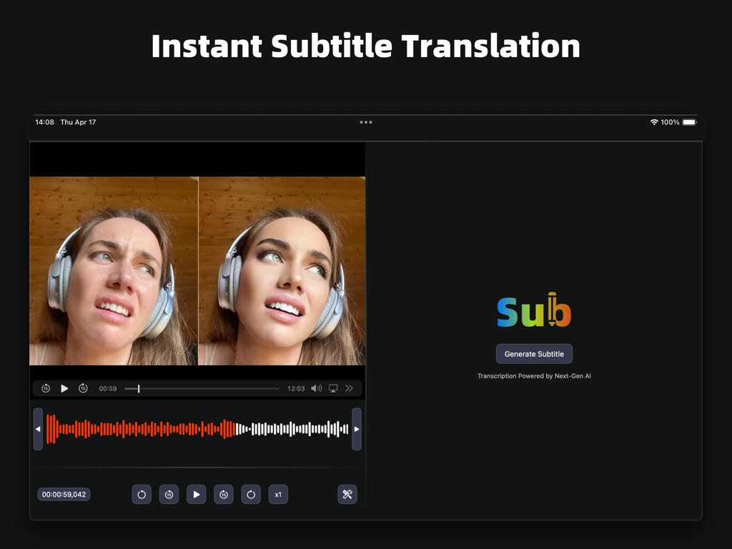 SubEasy app interface on an iPad showing the instant subtitle translation feature and AI video editing timeline