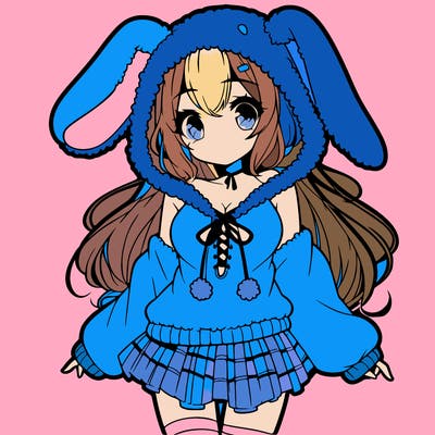 pretty anime girl wearing a fluffy hoodie with bunny ears on the hood and a skirt