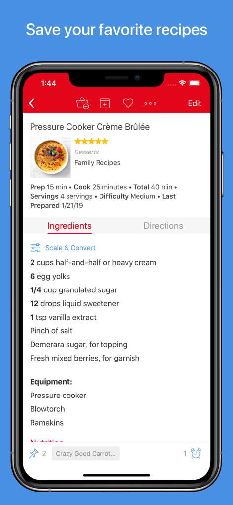 Paprika Recipe Manager 3 - Screenshot of Paprika Recipe Manager 3 showing a creme brulee recipe and ingredient list on an iPhone