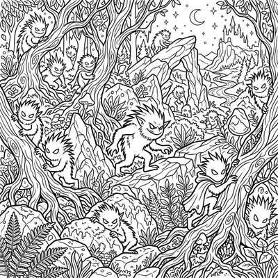 Unleash your imagination with this intricate full-scene coloring page featuring elusive shadow trolls in a magical forest. Explore a world of gnarled trees, hidden creatures, and distant castles waiting for your artistic touch.