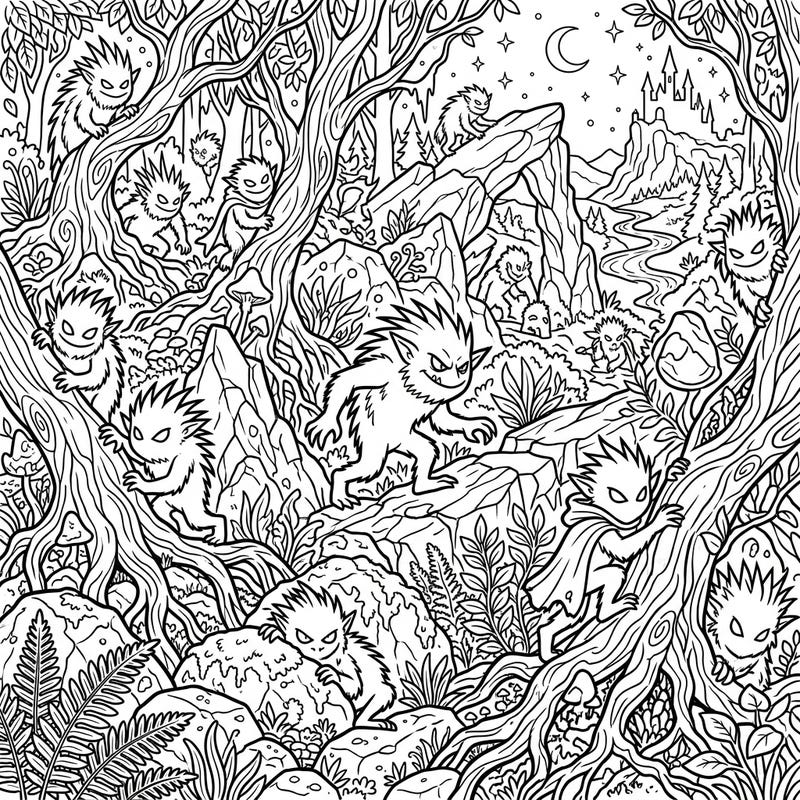 Unleash your imagination with this intricate full-scene coloring page featuring elusive shadow trolls in a magical forest. Explore a world of gnarled trees, hidden creatures, and distant castles waiting for your artistic touch.