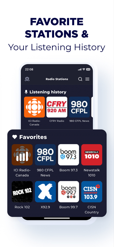 Captura de pantalla de la aplicación Radio Canada Live FM Player que muestra estaciones favoritas e historial de escucha