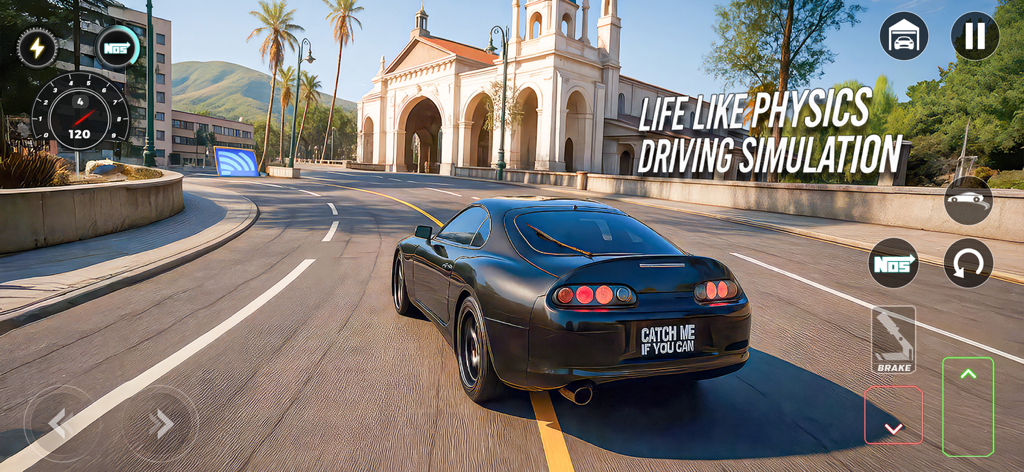 Real Car Driving City 3d Game - 黒いスポーツカーが3Dレースシミュレーターの街中を走行している様子。