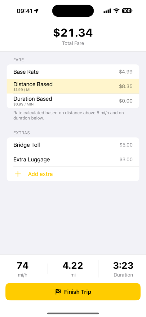 Taxi Meter: Trip & Mileage Log - Interfaz de aplicación de taxímetro digital que muestra un desglose detallado de tarifas y estadísticas del viaje