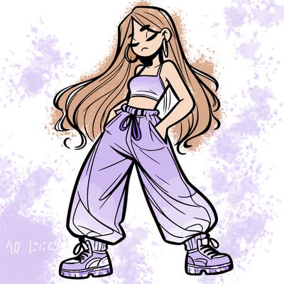 girl in baggy pants crop top and long hair