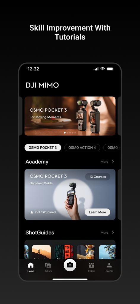 Interfaccia della sezione accademica dell'app DJI Mimo che mostra tutorial e guide per Osmo Pocket 3.
