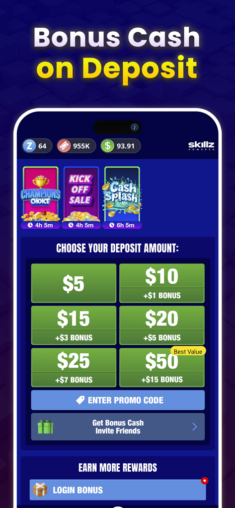 Block Puzzle Cash - Win Money - Deposit screen in Block Puzzle Cash showing various real money deposit amounts with cash bonuses.