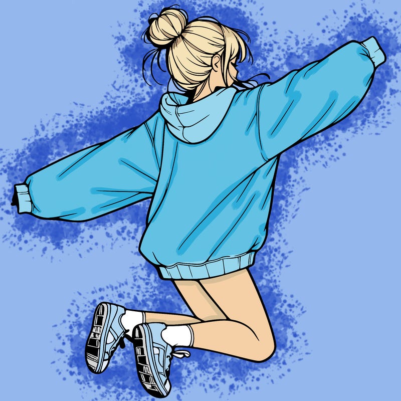 realistic girl jumping with a bun and oversized sweatshirt