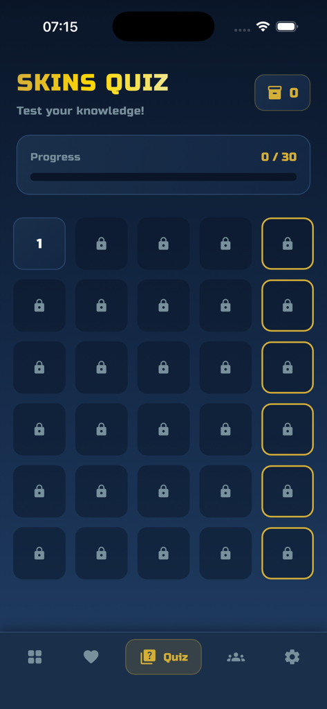 Gooddrop - 잠긴 레벨과 다크 테마 인터페이스를 보여주는 Gooddrop 스킨 퀴즈 레벨 선택 화면