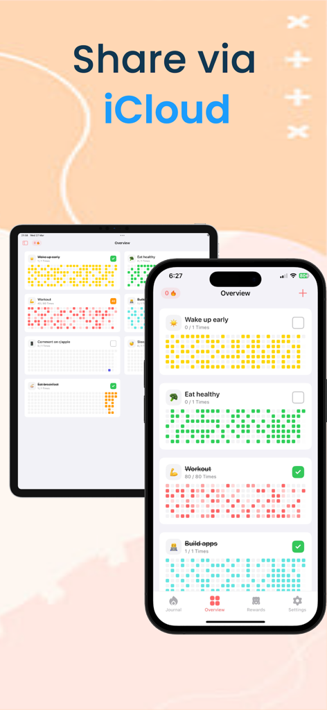 Habit Tracker - HabitPal - HabitPal app interface on iPhone and iPad showing habit progress heatmaps and iCloud sync feature