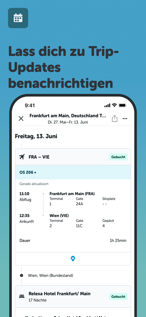 checkfelix: Flüge Hotels Autos - App checkfelix che mostra un itinerario di viaggio con dettagli di prenotazione di voli e hotel e notifiche di aggiornamento del viaggio.