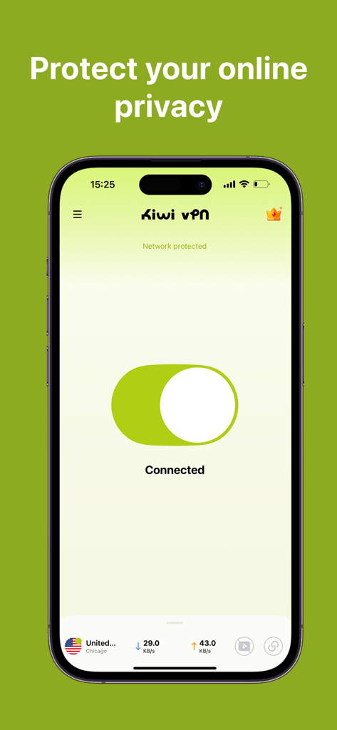 Kiwi VPN: Net Security - Interface de l'application Kiwi VPN sur un iPhone montrant un interrupteur de connexion vert et le texte Protégez votre vie privée en ligne