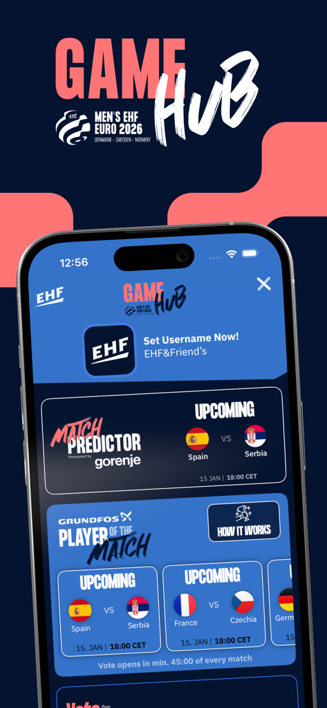Home of Handball - Screenshot of the Home of Handball app Game Hub featuring match predictor and player of the match voting