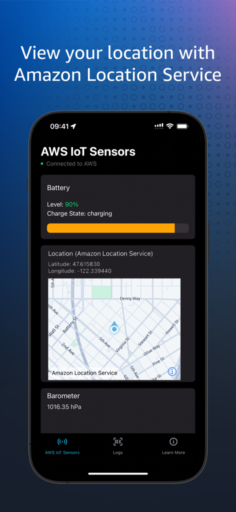 AWS IoT Sensors - AWS IoT Sensors app interface showing real time location visualization on a map using Amazon Location Service