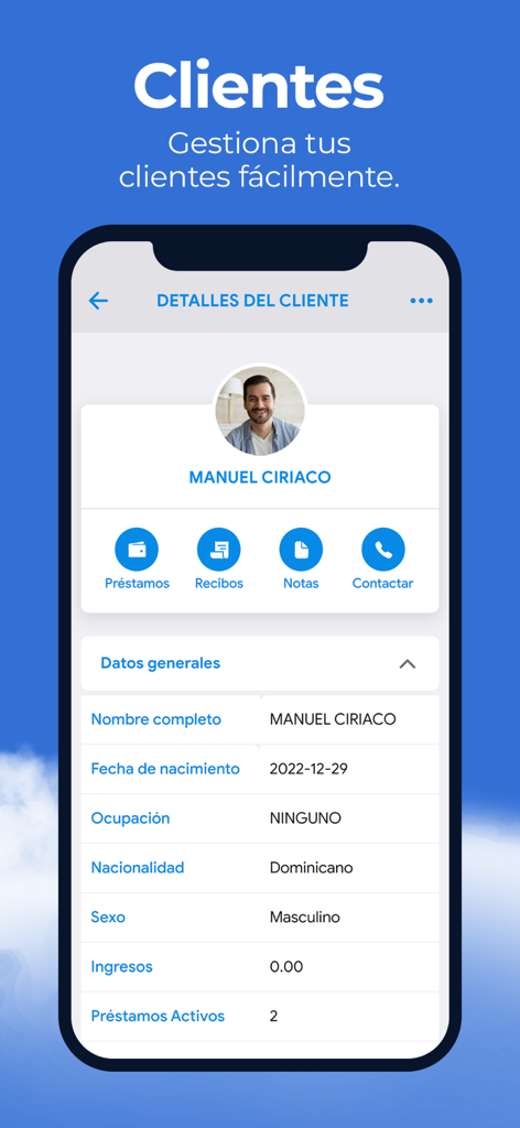 Préstamos CLOUD - Pantalla de perfil de cliente en la aplicación Préstamos CLOUD que muestra información personal y el número de préstamos activos