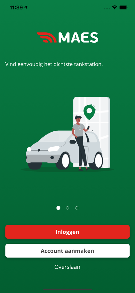 MAES App Onboarding-Bildschirm mit einer Illustration eines Mannes, der sein Handy benutzt, um eine Tankstelle in der Nähe seines Autos zu finden