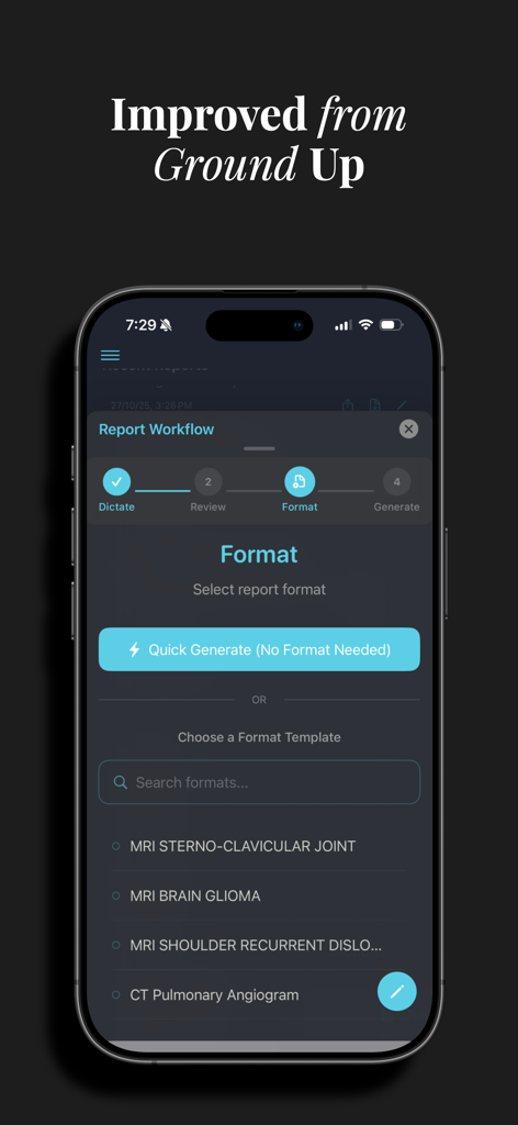 TextRad app screenshot showing the report format selection step with MRI and CT templates.