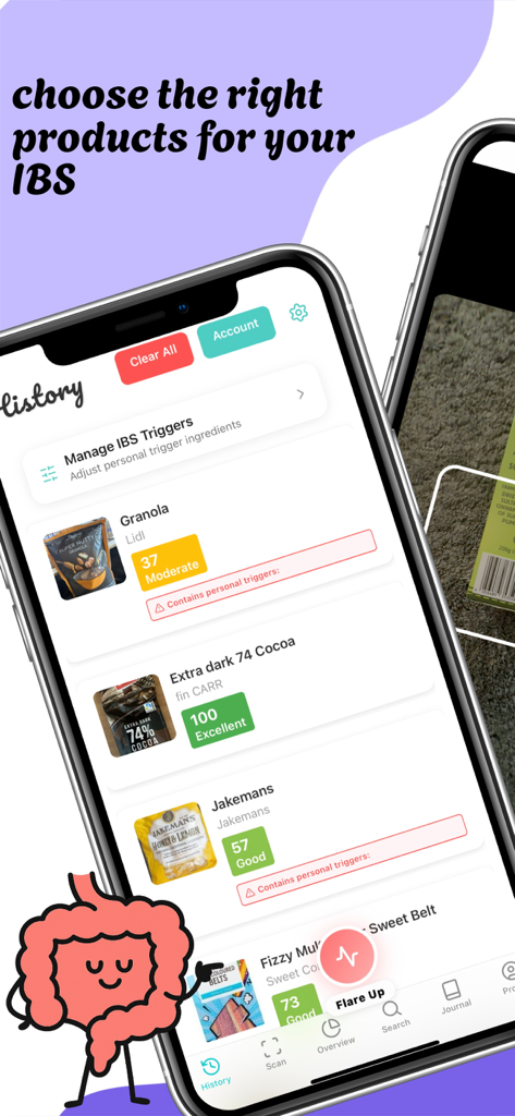 IBS Pal - La aplicación móvil IBS Pal muestra un registro del historial de productos escaneados con puntuaciones de seguridad y advertencias de desencadenantes personales