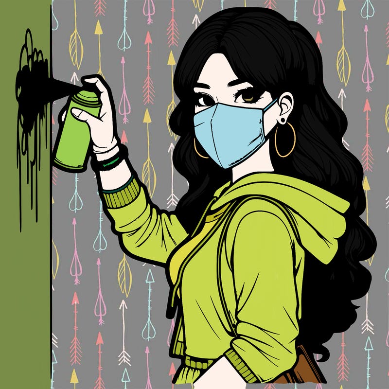 realistic girl with mask spray painting a wall