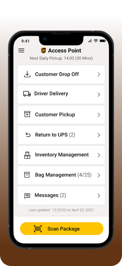 Painel principal do aplicativo UPS Access Point mostrando opções operacionais como entrega ao cliente e um botão para escanear pacote
