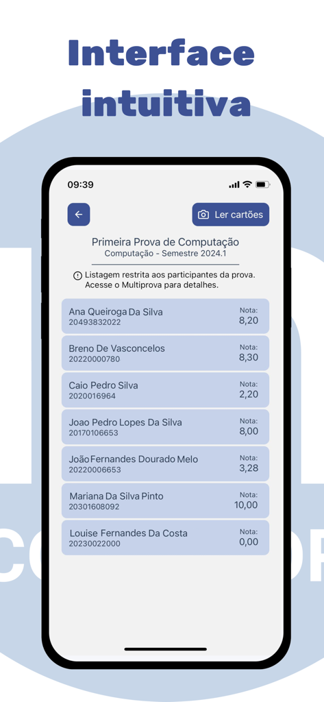 Multiprova Corretor - Mobile app interface displaying a list of students and their test scores for a computer science exam