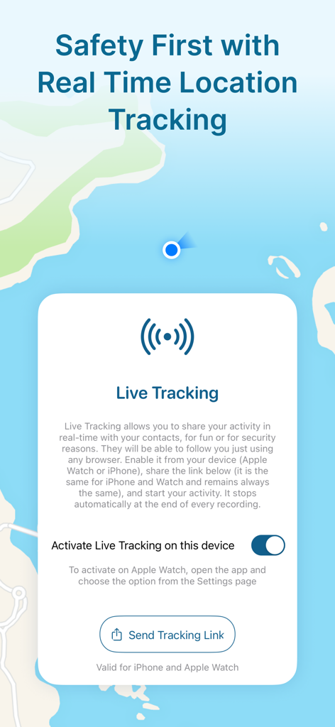 Waterspeed app interface showing real-time location tracking for watersports safety