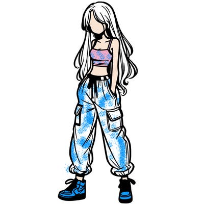 girl in baggy pants crop top and long hair