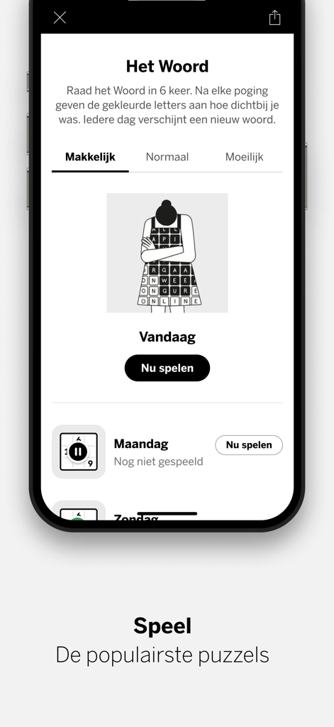 L'interface du jeu de mots mêlés dans l'application d'actualités de Volkskrant.