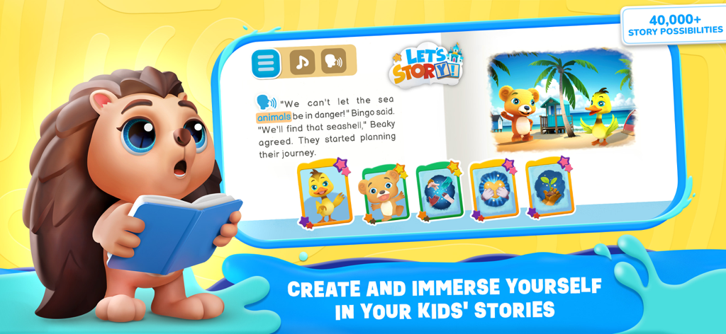 Applaydu Play & Discover - A cartoon hedgehog reading a book next to a digital story builder with animal characters in the Applaydu app