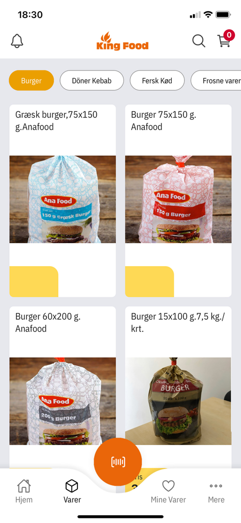 King Food App-Bildschirm mit einer Vielzahl von Großhandels-Burgerprodukten für den Großhandel