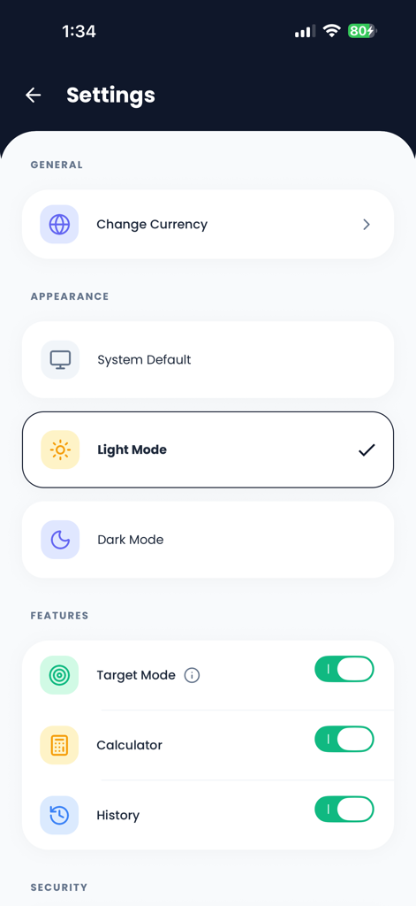 Settings screen of the Money Counter app showing options for currency appearance and features