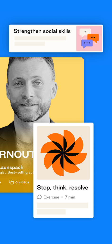 Kyan Health app interface showing mental health exercises for social skills and burnout prevention