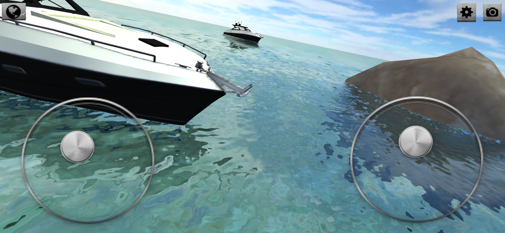First person view of a drone flight simulator over water with yachts and on screen controls