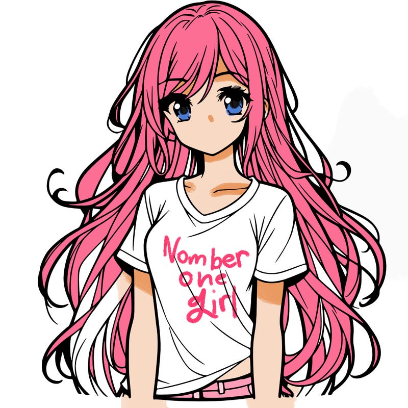 an anime girl with long hair and t-shirt and jeans on
