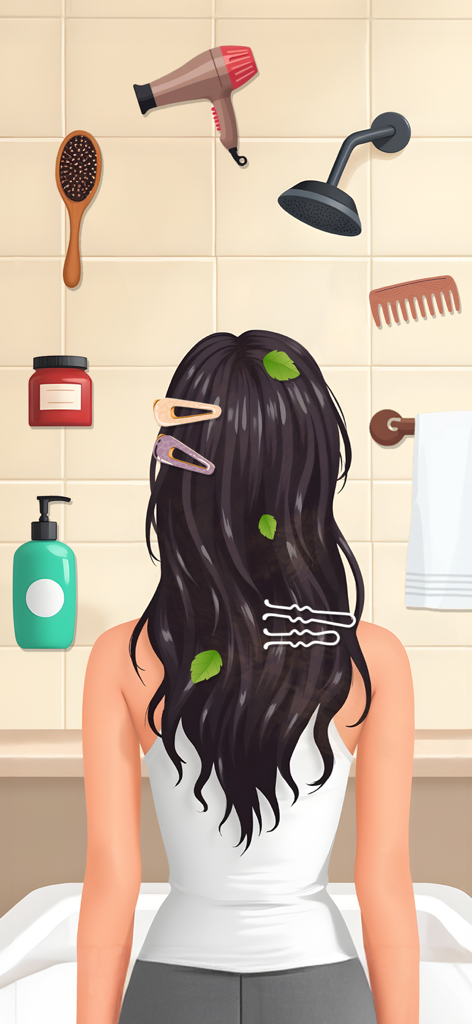 Sort It Right: Relax Puzzle - Una mujer con cabello largo y oscuro en un baño rodeada de accesorios para el cabello y herramientas de peinado flotantes para un puzzle de clasificación.
