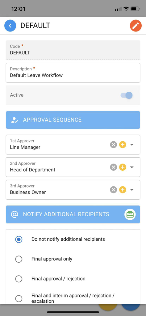 HR.my Mobile screen for configuring a multi-step leave approval sequence with managers and business owners.