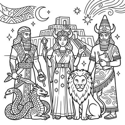 Embark on an epic adventure through ancient history with this captivating coloring page featuring powerful Mesopotamian gods and goddesses. Kids will love bringing these legendary figures, complete with a majestic ziggurat and mythical creatures, to life with their favorite colors.