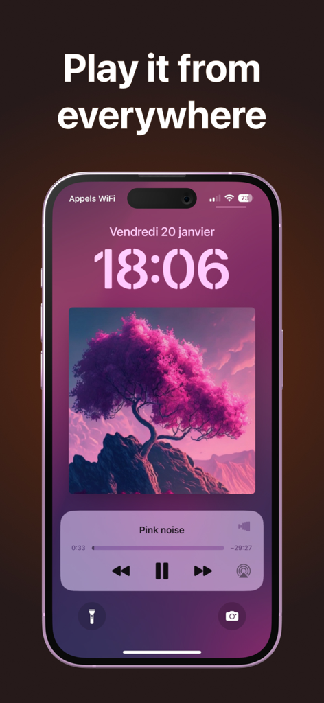 Brown Noise for Sleep - iPhone lock screen displaying a music player widget playing pink noise from the Brown Noise for Sleep app.