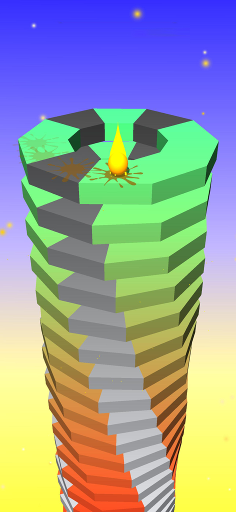A yellow ball bouncing on top of a colorful spiral tower of hexagonal platforms